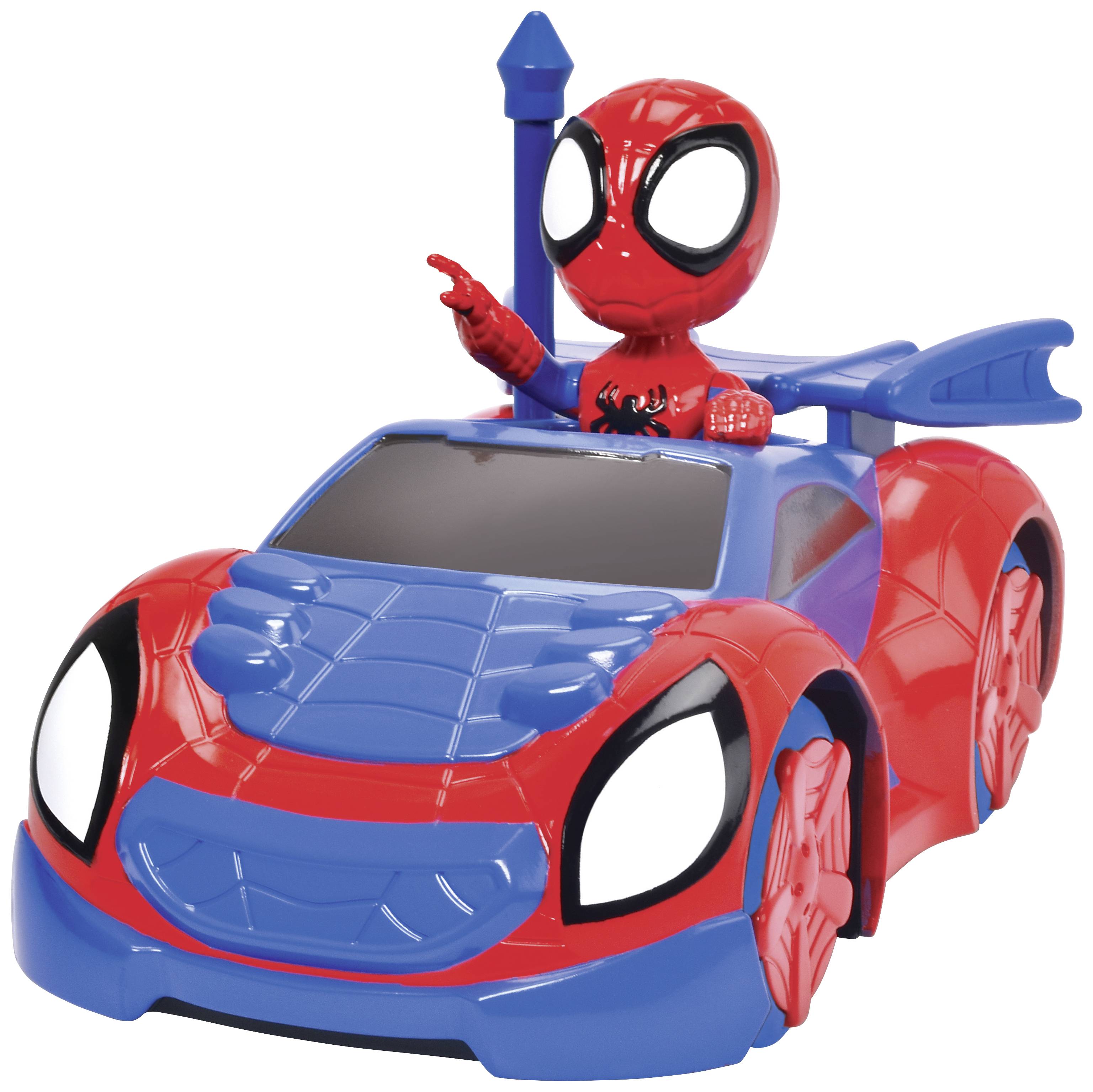 A small blue-red toy car with a figure wearing a red-blue suit sits on top, resembling a superhero.