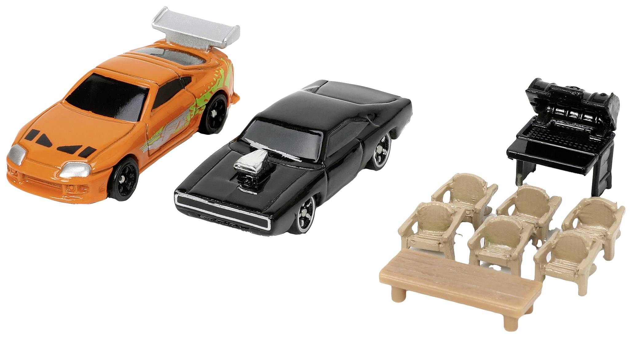 Two toy cars side by side; one orange, one black. Next to them six small chairs and a table. A piano on the right.
