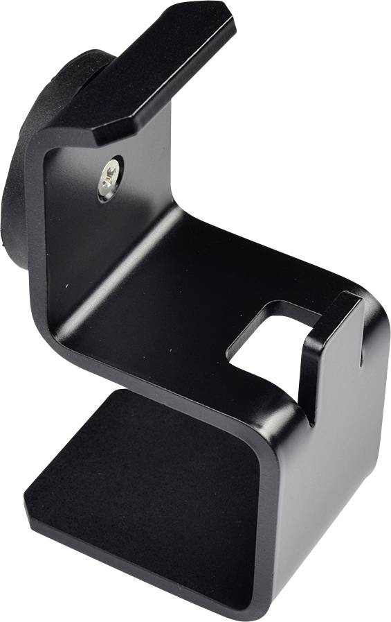 A black, L-shaped metal headphone mount with screws for attaching to a wall or desk.