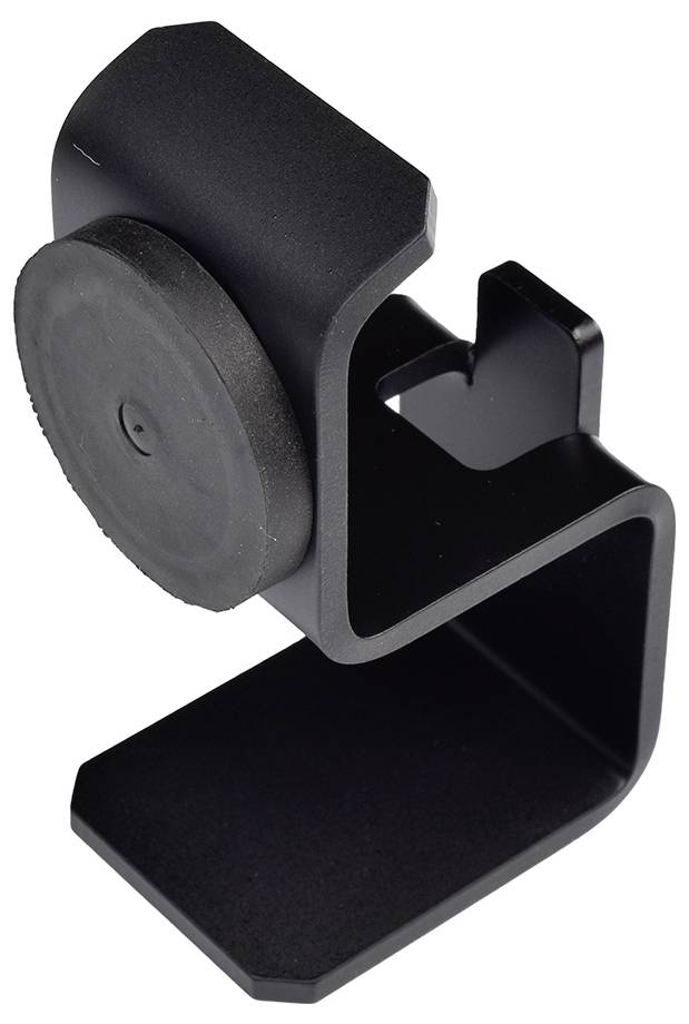 Black metal headphone stand with an L-shaped design and circular mounting bracket on top.