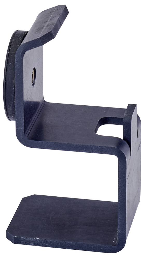 Metal holding clip with rectangular construction and curved hook at the top and flange at the bottom. Designed for wall mounting or device attachment.