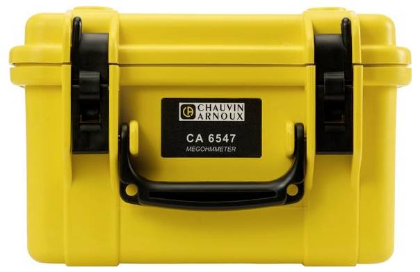 Yellow transport case with black handle, marked 'Chauvin Arnoux CA 6547 Megohmmeter'.