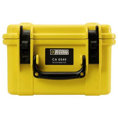 Yellow suitcase with black carry handle and two locks, labelled 'Chauvin Arnoux CA 6549 Megohmmeter'.