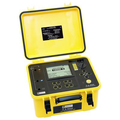 A yellow electrical testing device with an open lid displays a digital readout of '10000 V' and various control elements.