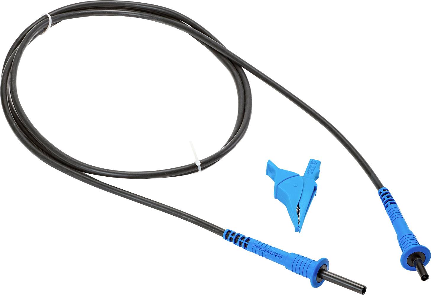 A black cable with blue plugs on both ends. A blue clamp lies beside it. The cable is likely used for electrical measurement.