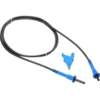 A black cable with blue plugs on both ends. A blue clamp lies beside it. The cable is likely used for electrical measurement.