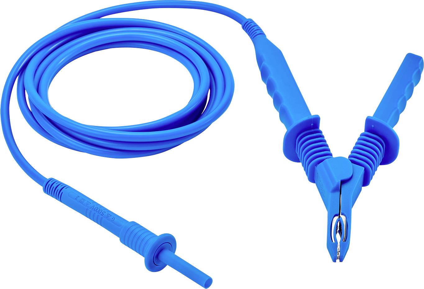 'Blue crocodile cable with insulated clip and test probe, suitable for electrical tests and measurements.'