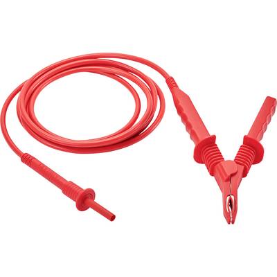 Red test and clamp cable, suitable for electrical measurements, with a test probe and a crocodile clip at the ends.