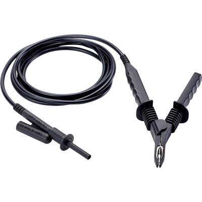 A black measuring cable set with a crocodile clip test lead and an insulated probe. Suitable for electrical measurements.