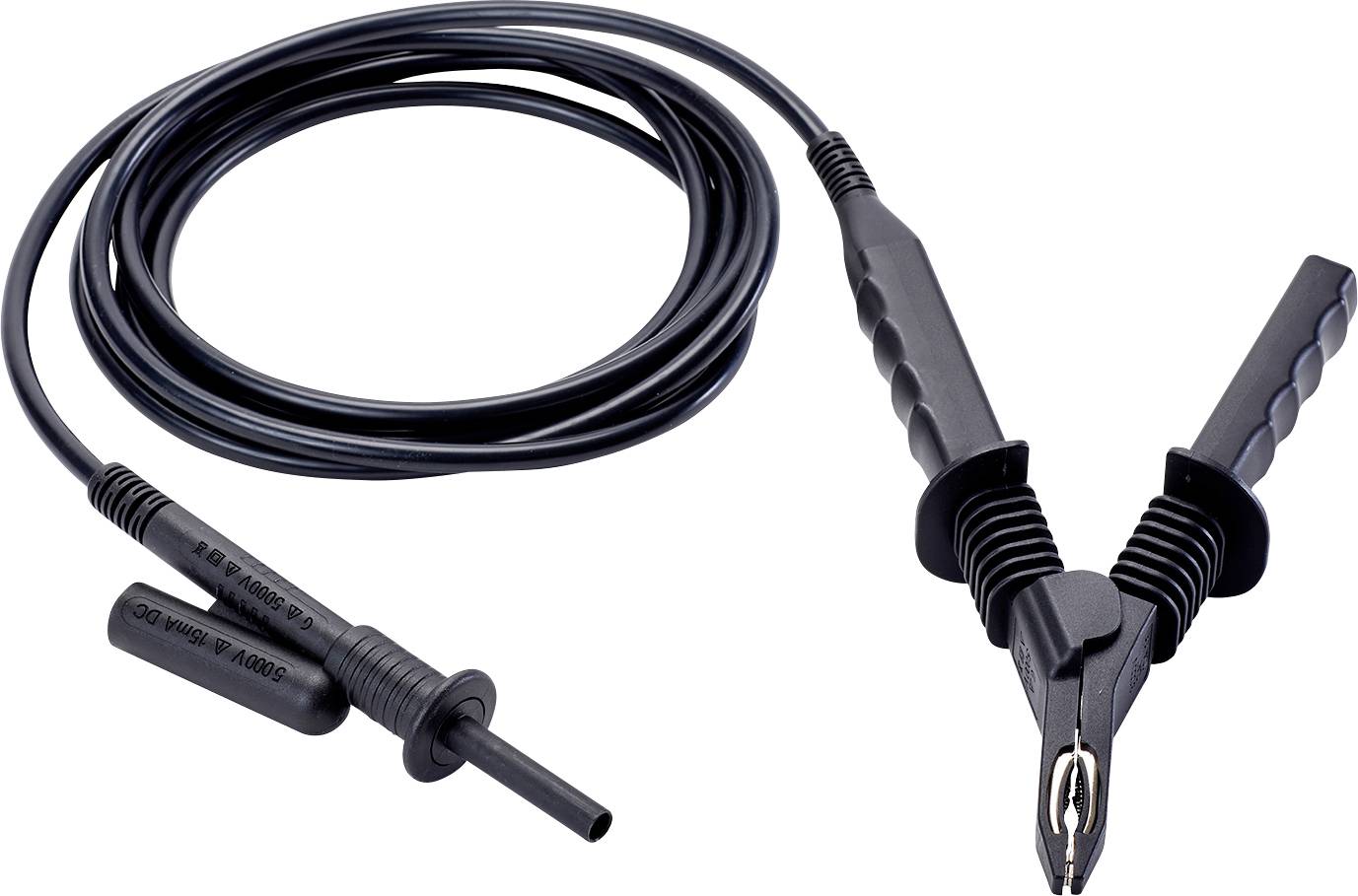 'Black crocodile clips on cables for electrical testing.'