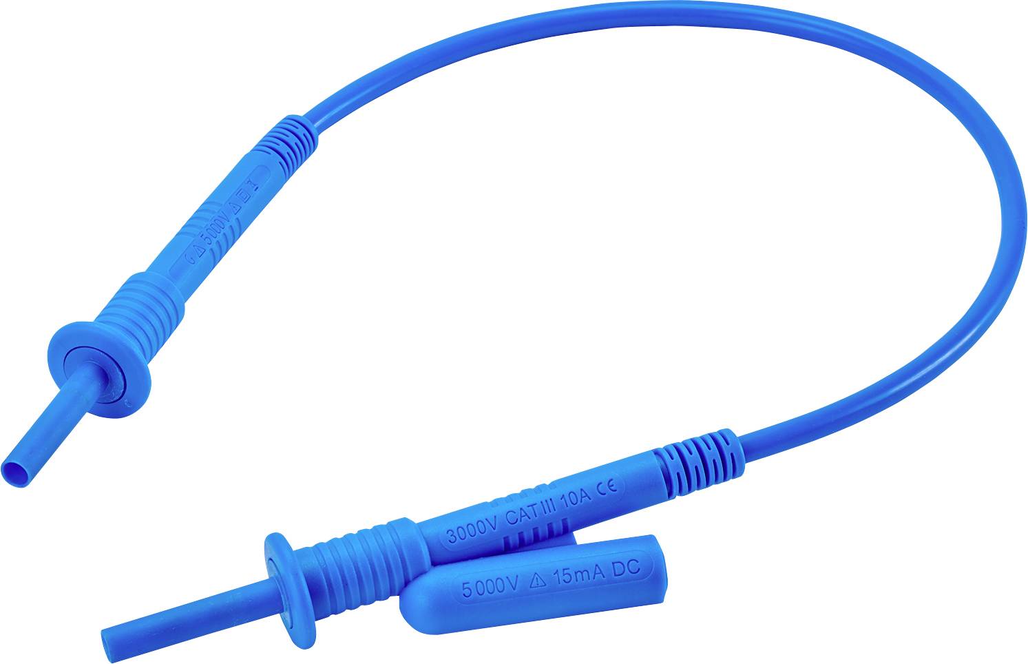 A blue measuring cable with safety test probes, suitable for high-voltage applications up to 5000V and 15mA DC.