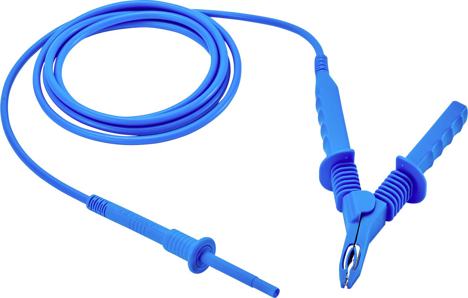 A blue alligator cable with crocodile clip and plug, ideal for electrical testing or connections.