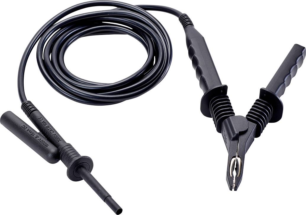 A black measuring cable with crocodile clip and probe head for connecting to electronic devices for measurements and tests.