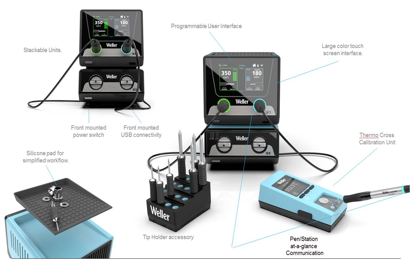 Several soldering stations with touchscreen, programmable user interface, accessory holder, and communication devices on a white background.