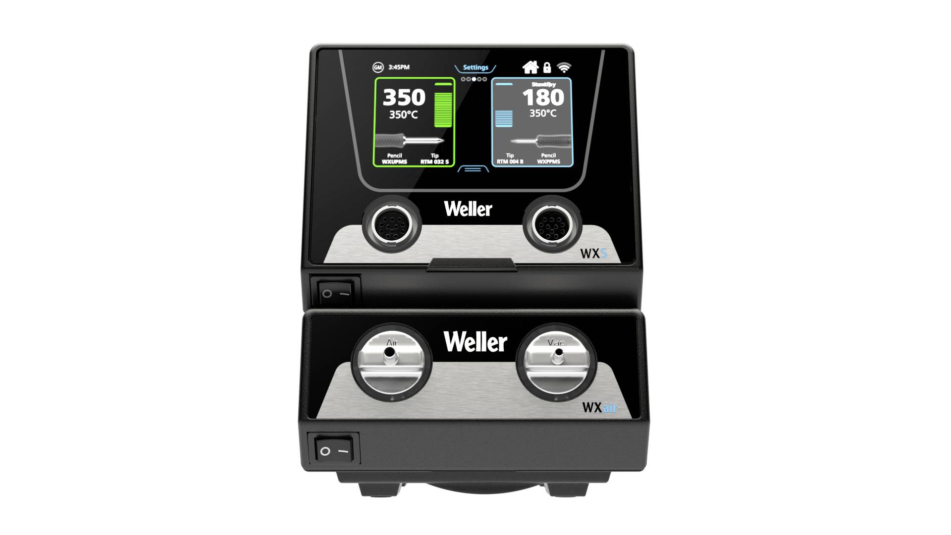 Soldering station with digital display shows two temperature readings: left at 350°C and right at 180°C. Each display has separate control elements.