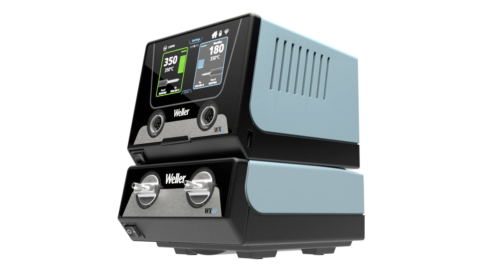 Weller soldering station with two digital displays showing temperature and status. The station is designed in blue and black.