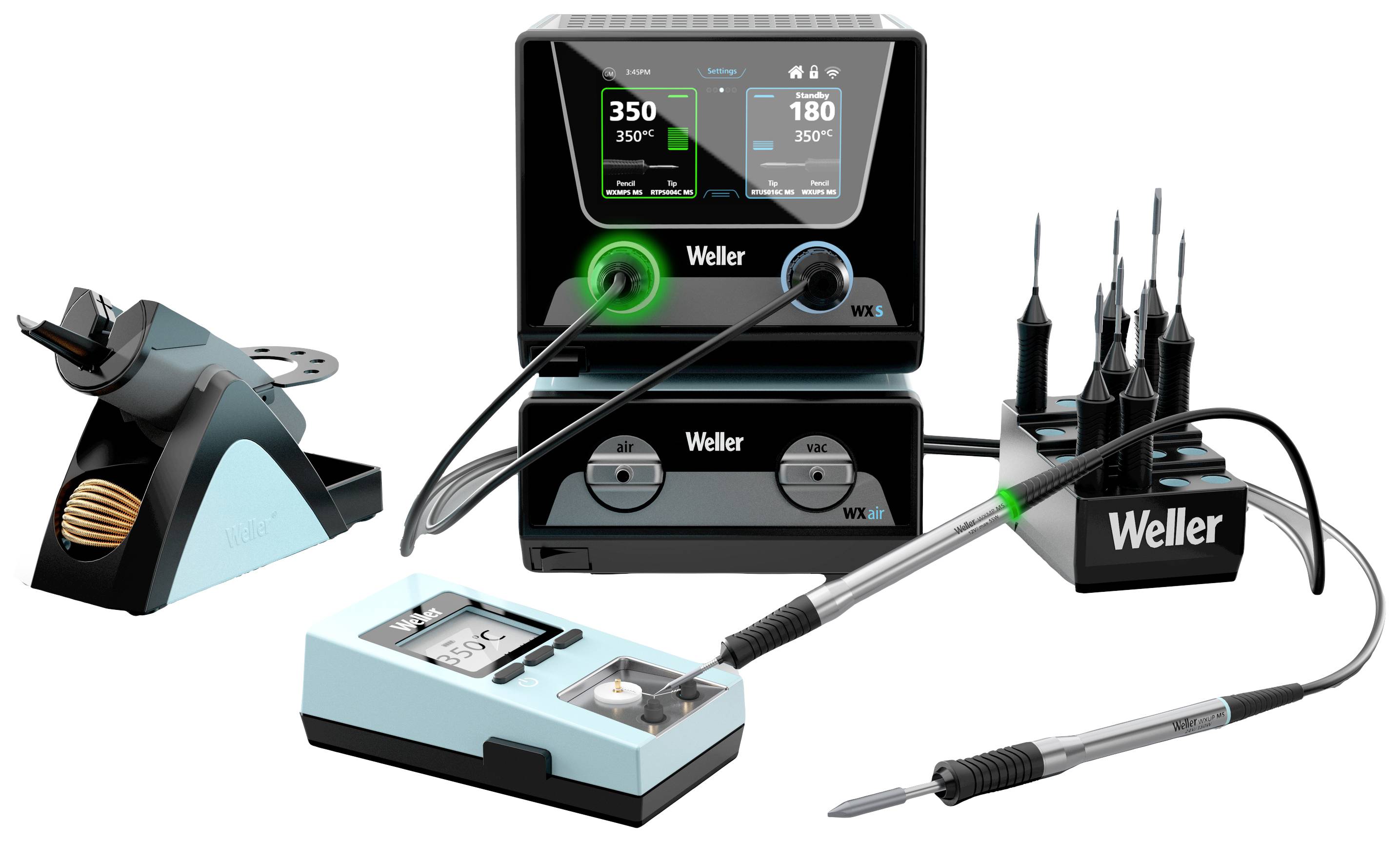 Soldering station with digital display, showing temperature and power output. Includes stands, soldering tips, and tools. Brand: Weller.