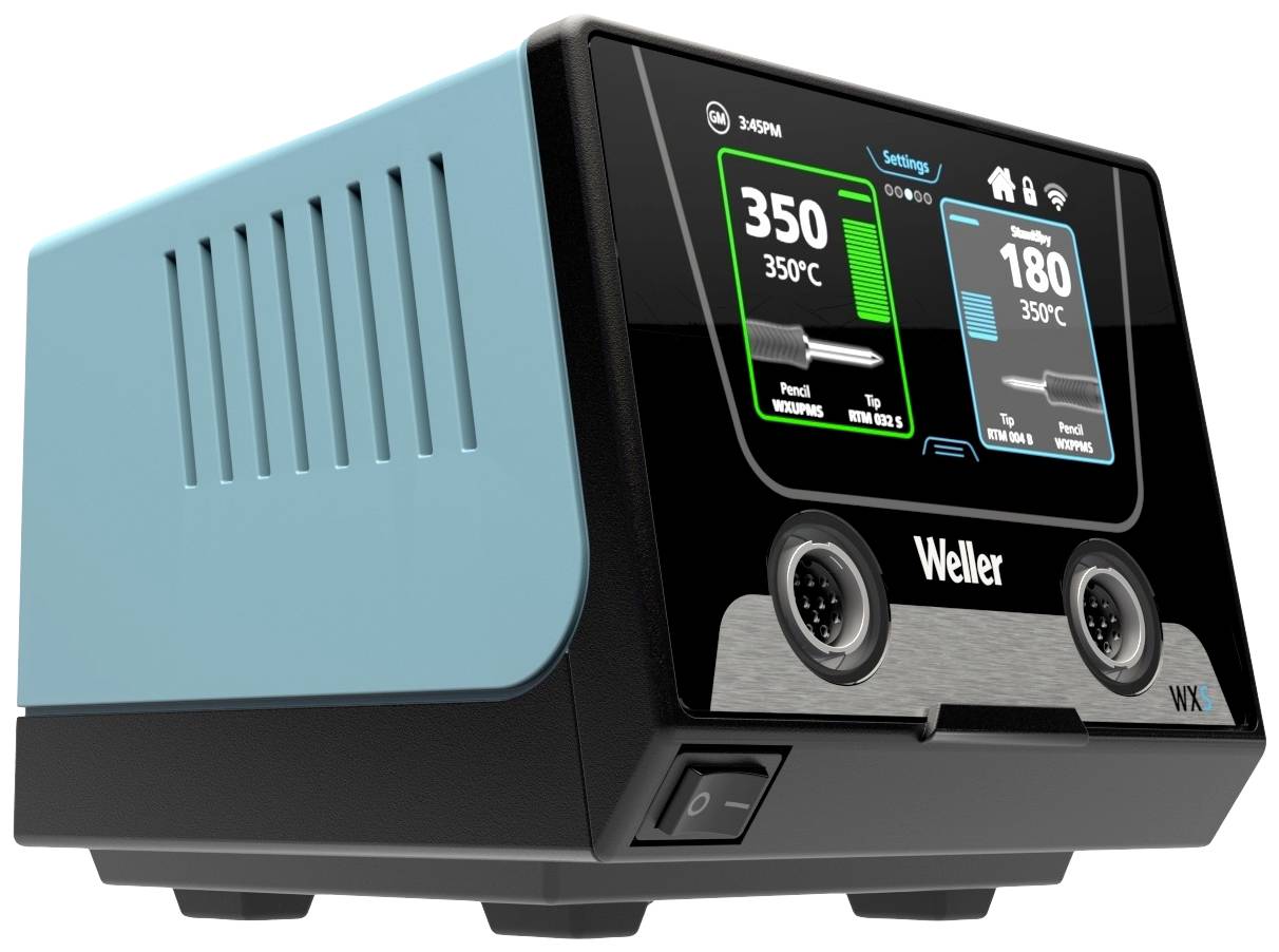 Soldering station with digital display shows two temperatures: left 350°C, right 180°C. Casing in black and turquoise with touchscreen.