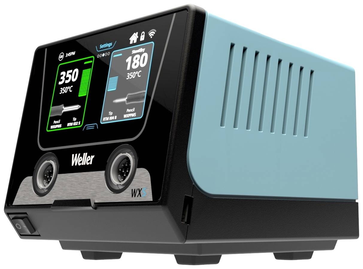 A Weller soldering station device displays temperature readings and soldering tip types on two screens.