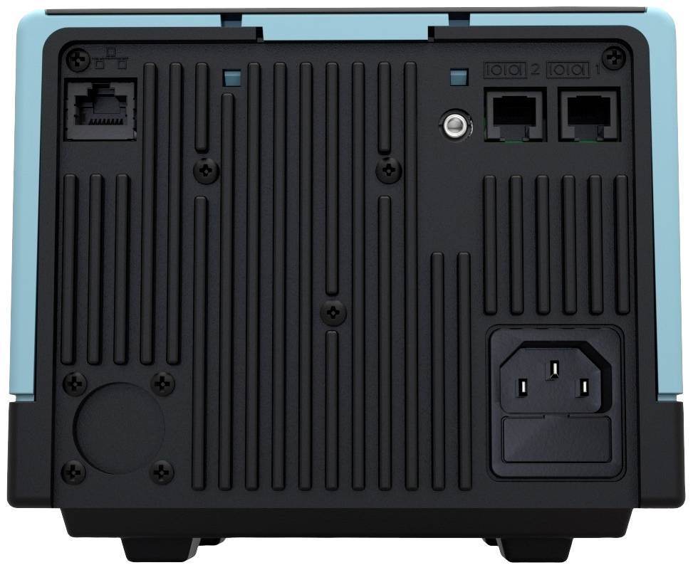 The back of an electronic device with sockets for power, internet (Ethernet), and two telephone lines.