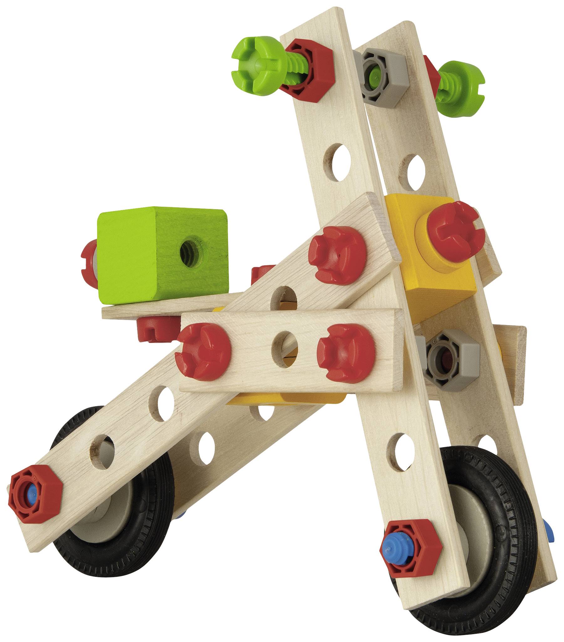 Wooden toy construction set with wheels and colourful connectors.
