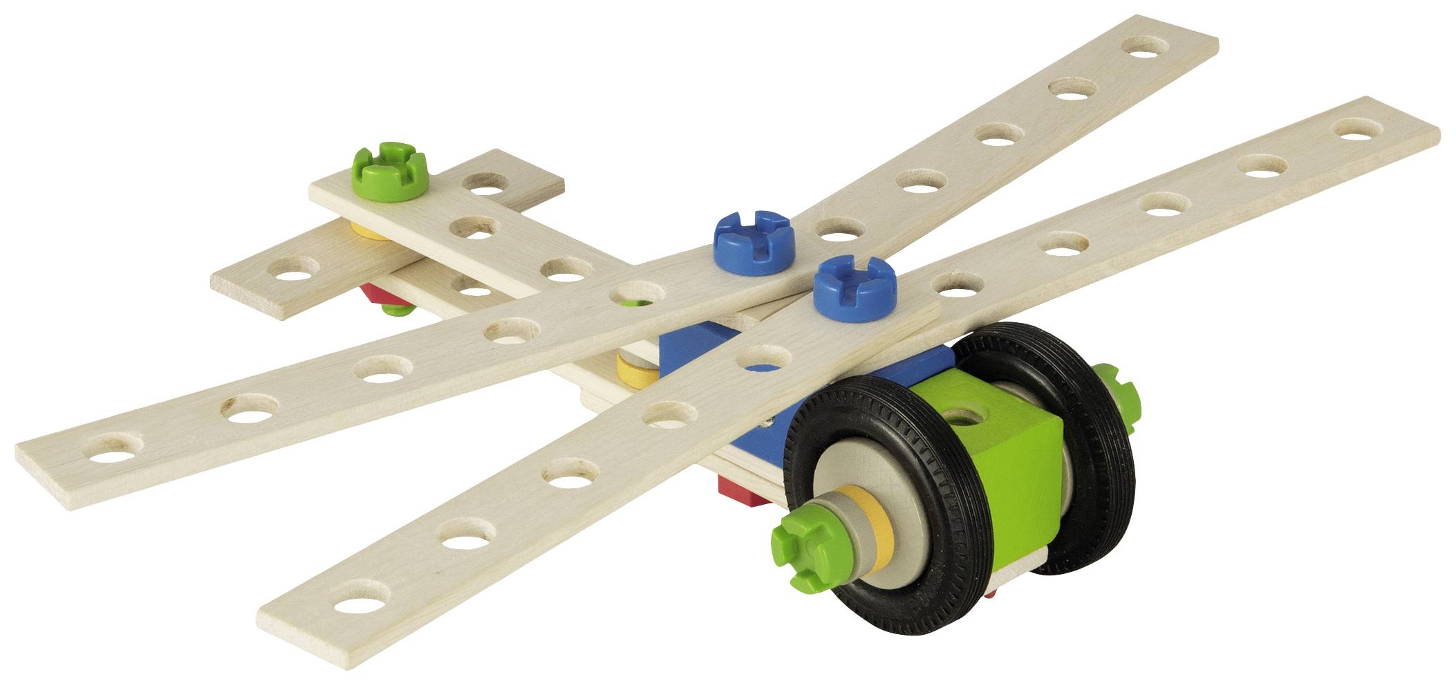 A colourful construction toy that looks like a helicopter. It is made of wooden strips, plastic wheels, and colourful connectors.