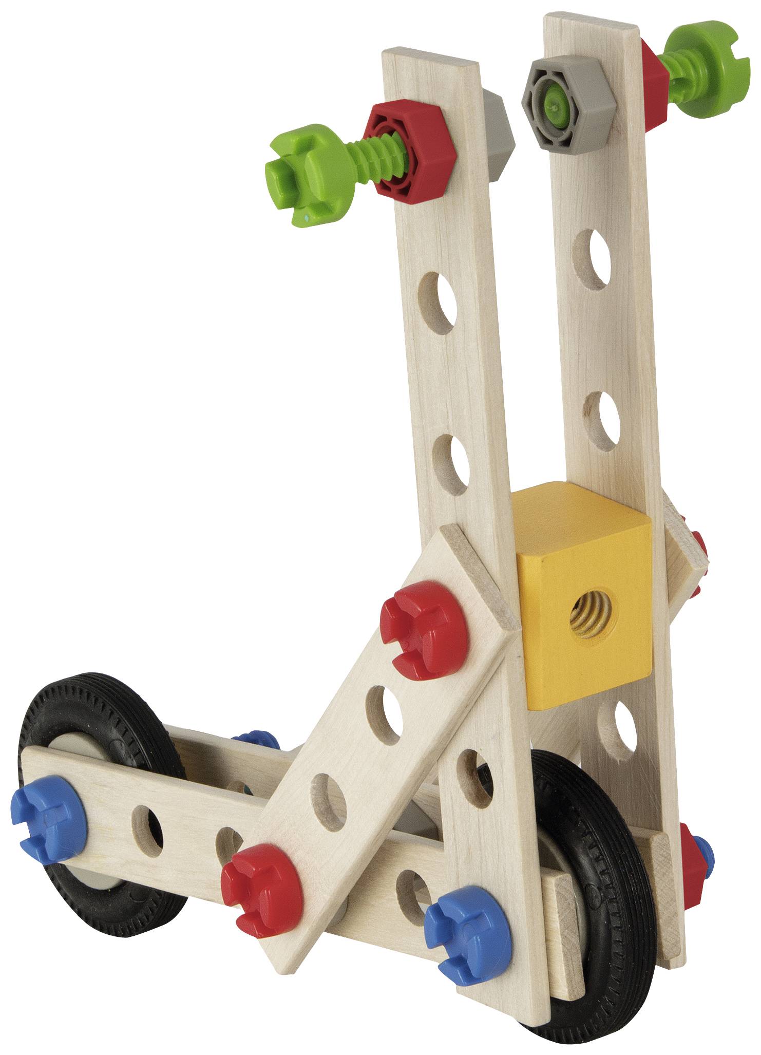 Wooden construction model with wheels and colourful screws. Structure in the form of a mobile framework, connecting wooden planks and plastic elements.