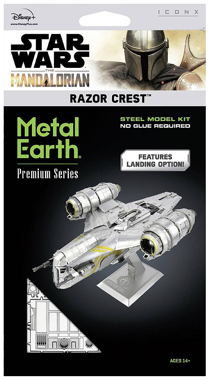 Model kit of the 'Razor Crest' from Star Wars 'The Mandalorian'; Metal; no glue required; suitable for ages 14 and up.