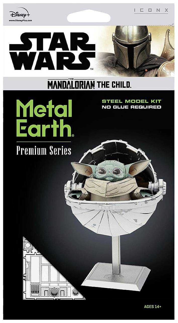 Packaging for a 'Star Wars Mandalorian The Child' Metal Model. The model depicts a small figure in a floating capsule, assembly kit with no glue required. Suitable for ages 14 and above.