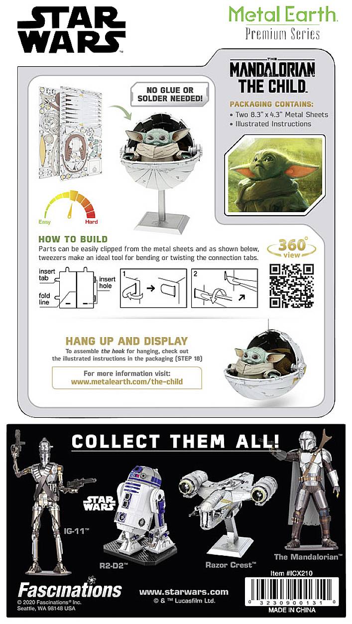 Star Wars 'The Mandalorian The Child' Metal Model Kit Display. No glue required. Includes metal sheets and instructions. Decorative and collectible.