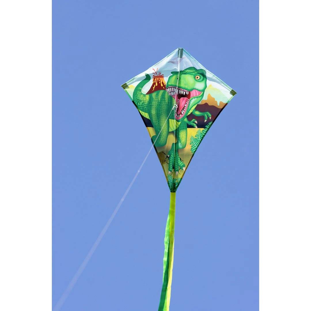 A dragon with a dinosaur design flies in the blue sky.