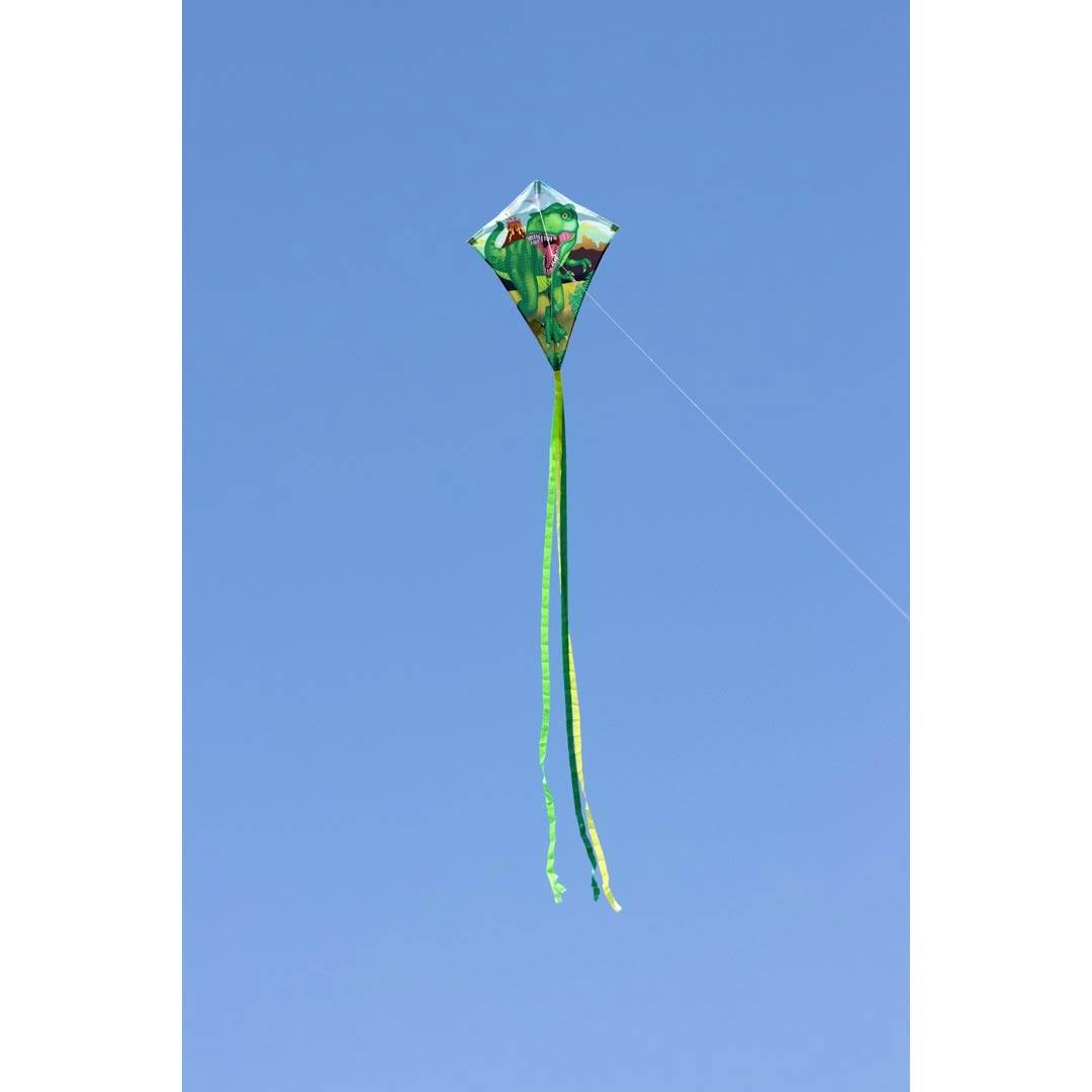 A colourful kite flies in the blue sky, with long, green ribbons fluttering in the wind.