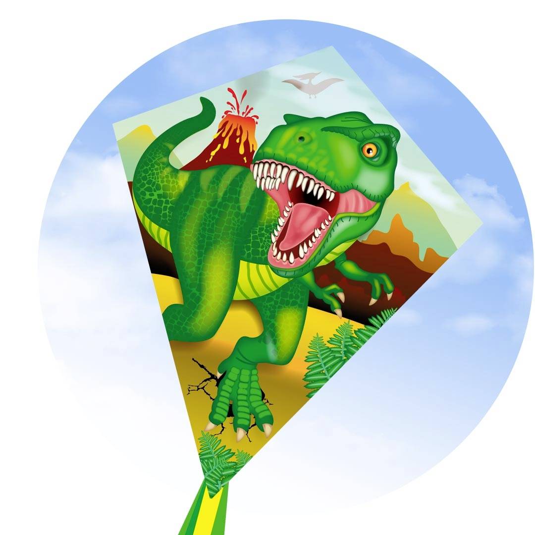 A kite in the shape of a dinosaur with an open mouth, with a volcano emitting smoke in the background and pterosaurs flying in the sky.