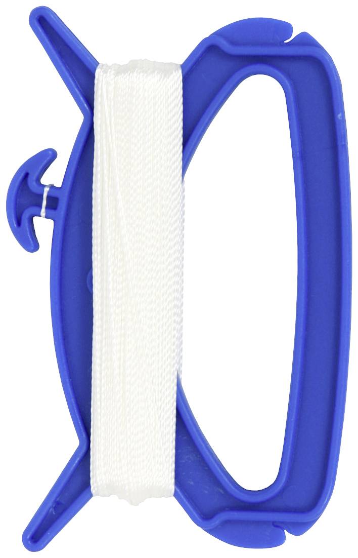 A blue plastic handle with a white cord wound around it. Primarily used for kites or similar purposes.