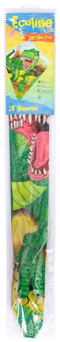 'Paper kite with green dinosaur design in original packaging, labelled with Ecoline brand and measuring 28 inches.'