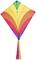 A colourful kite in rainbow colours with several stripes stretching from top to bottom.