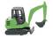 A green and black toy digger with a movable arm and bucket, suitable for children to play with in sand or indoors.