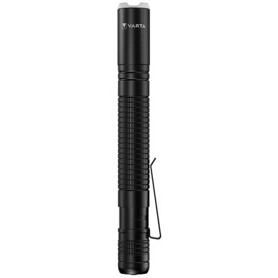Black torch by Varta with retention clip, slim cylindrical design, suitable for compact lighting.