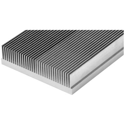An aluminium rectangular heatsink with parallel, uniform fins for heat dissipation.