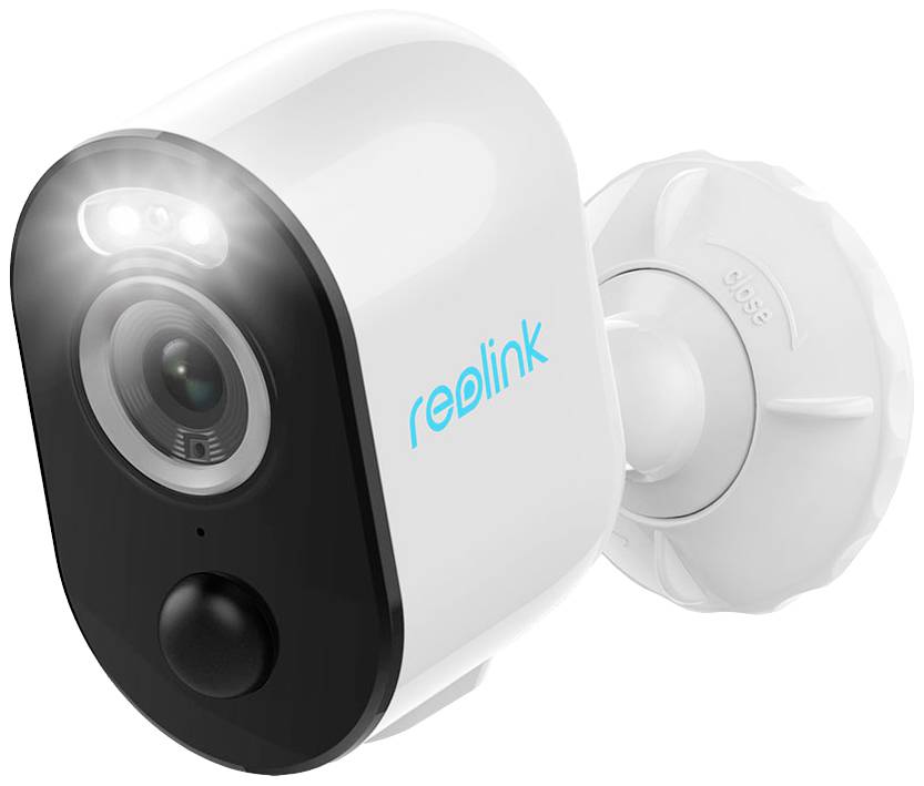 Wireless surveillance camera with LED light, microphone and speaker. Brand 'Reolink'. Suitable for outdoor mounting for security purposes.