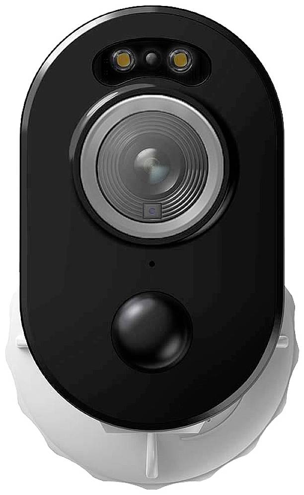 Black surveillance camera with a large lens in the centre, two lights on top and a motion sensor underneath, on a white background.