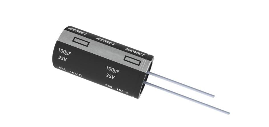 An electrolytic capacitor marked '100µF 25V' with two connecting leads.