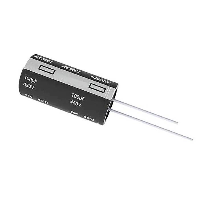 A cylindrical electrolytic capacitor marked '100µF 450V' with two metal terminals protruding from one side.
