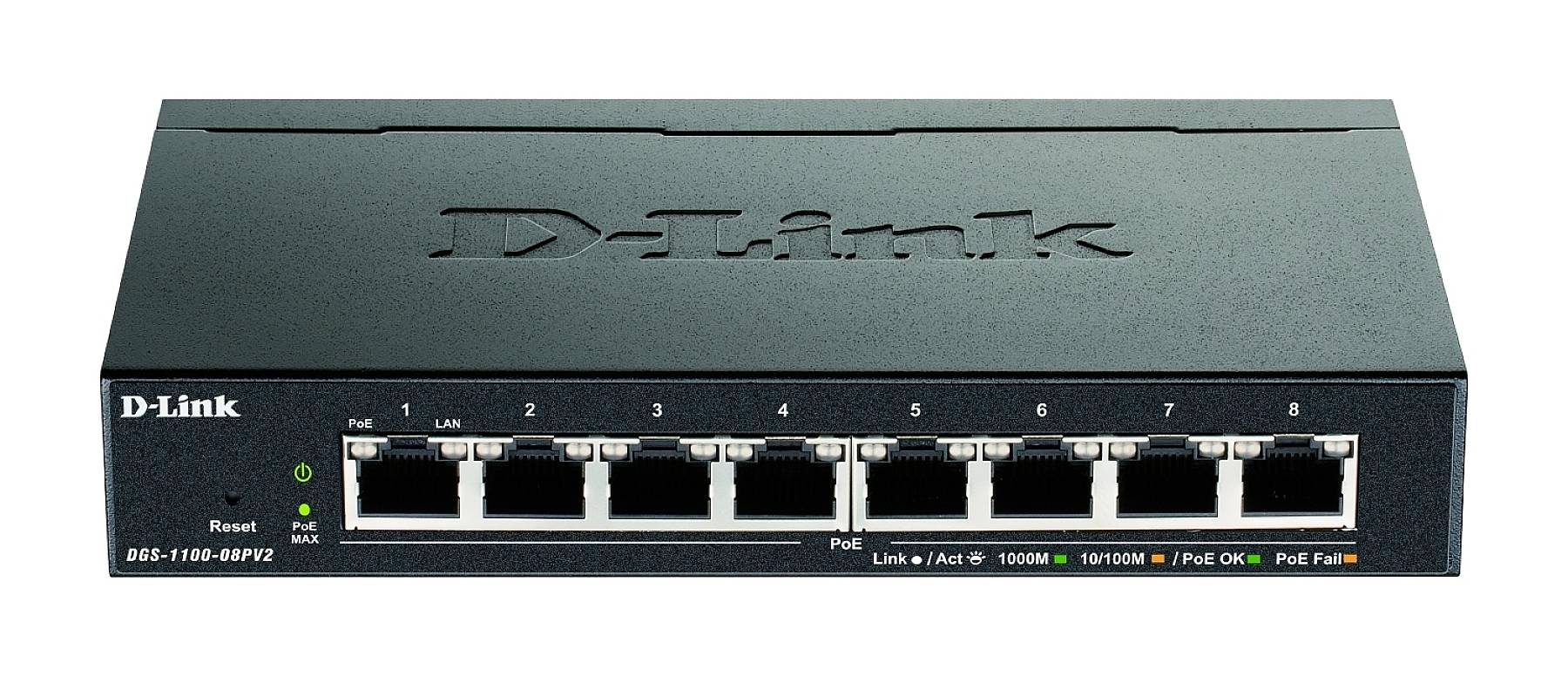 A black Ethernet switch with eight ports and green LED indicators on the front, from the brand D-Link.