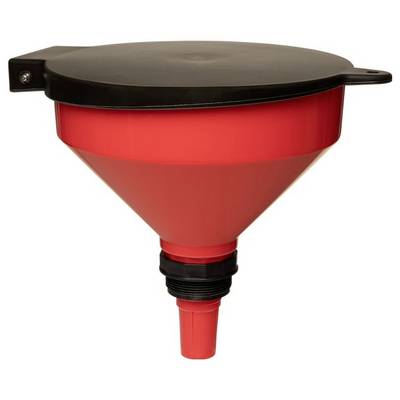 A large red funnel with a black removable cover, designed for oil or fluid transfer, featuring a wide top and a tapered bottom for easy pouring.