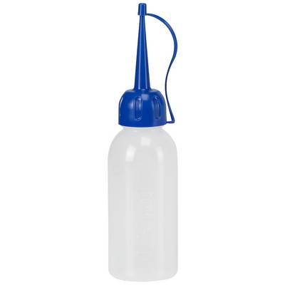 A transparent plastic bottle with a blue, narrow dispensing tip and a flexible handle.