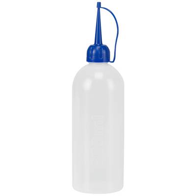 A transparent plastic bottle with a blue cap and a flexible tube.