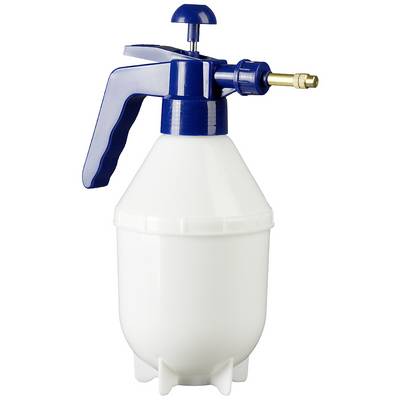 A white pump sprayer with a blue handle and pressure button. The sprayer has a brass nozzle and a sturdy plastic container.