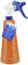 Orange spray bottle with blue nozzle and label. Suitable for use with cleaning products and labelled in multiple languages.