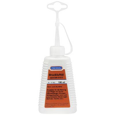 Bottle containing 100 ml of compressed air oil, brand 'Pressol'. Suitable for maintenance of compressed air tools in accordance with DIN 51517.